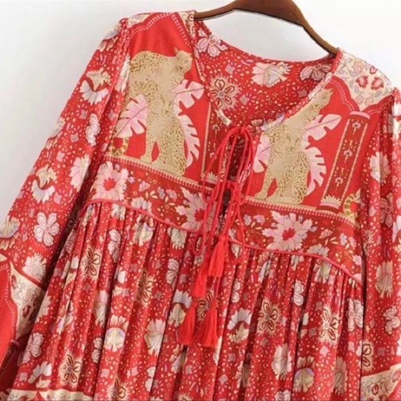 Boho Royal Poinciana Vintage Accent Tiger Bohemian Shift Dress In Cherry Mini - Picture 6 of 8